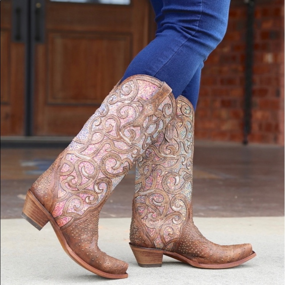 Corral Cognac Purple Glitter Inlay Studs cowgirl boots